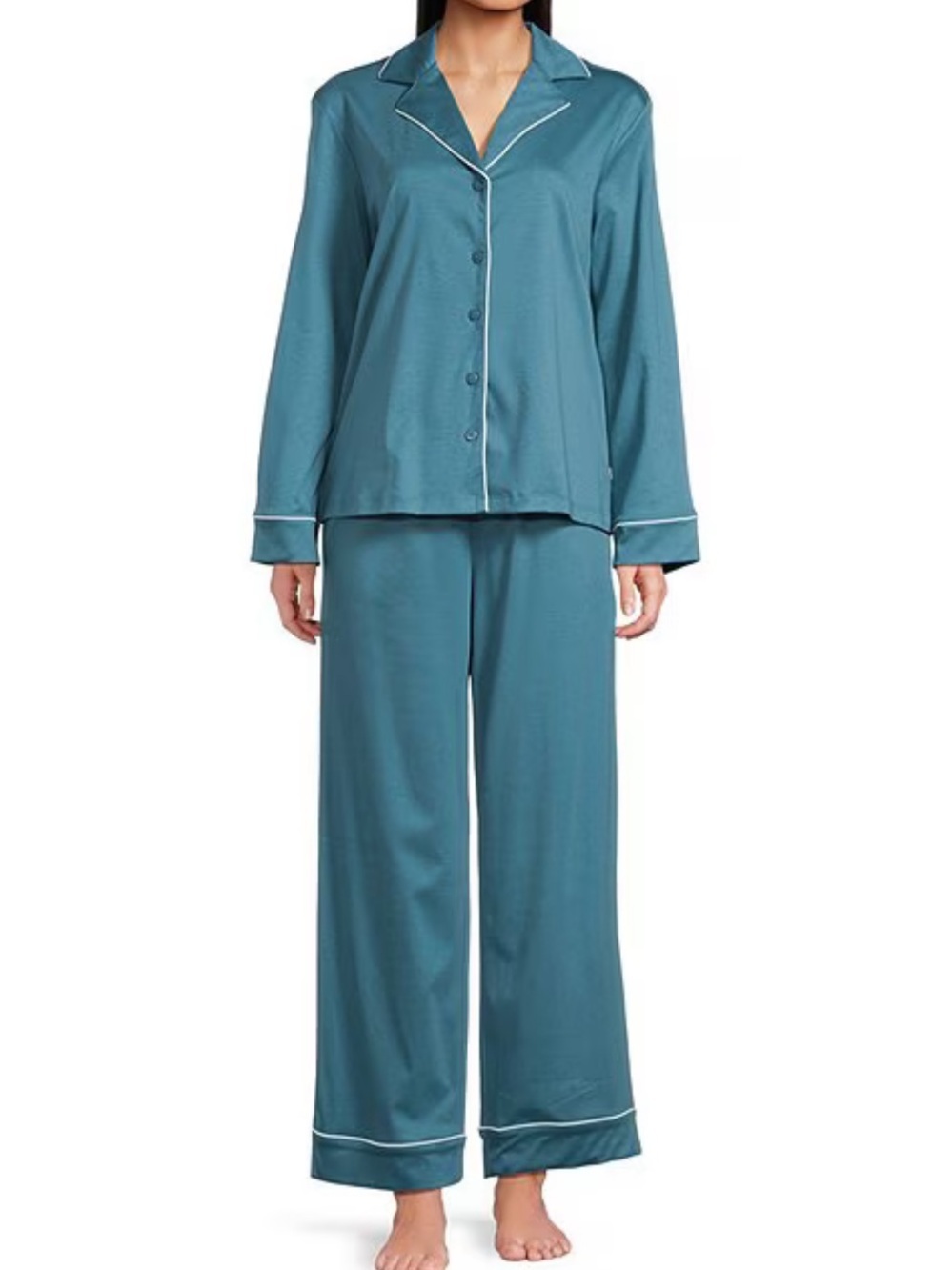 Nottibianche Solid Long Sleeve Notch Collar Button Front Long Knit Pajama Set